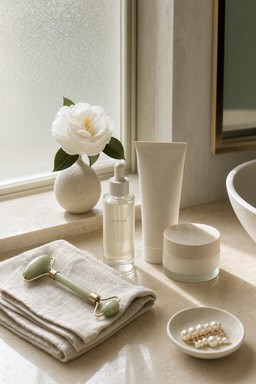 Minimal skincare arrangement by a window